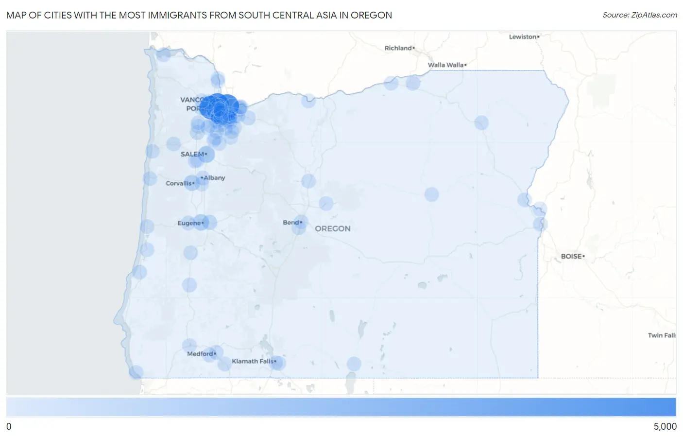 Cities with the Most Immigrants from South Central Asia in Oregon Map