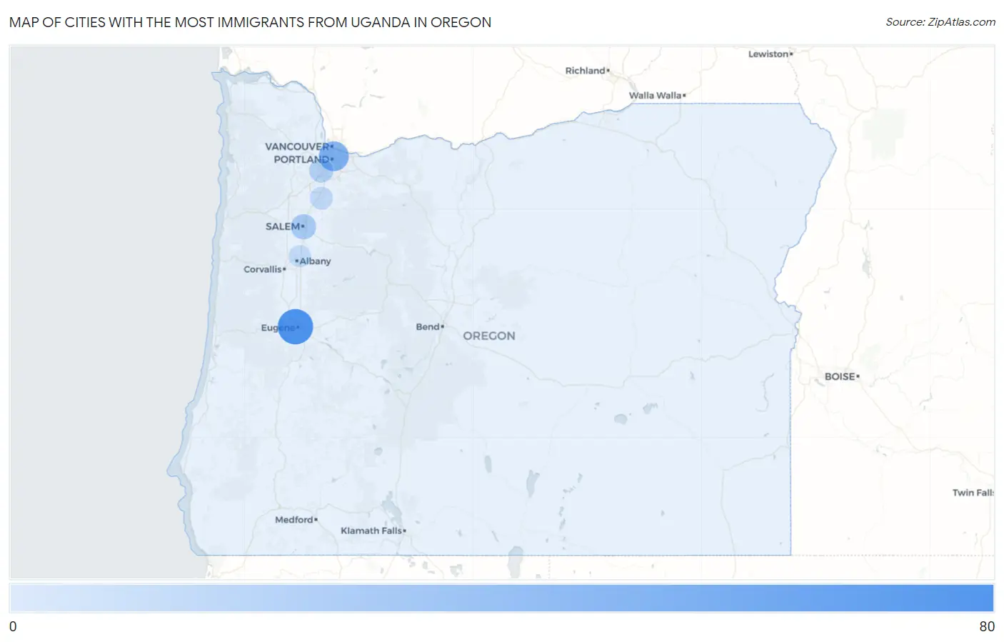 Cities with the Most Immigrants from Uganda in Oregon Map