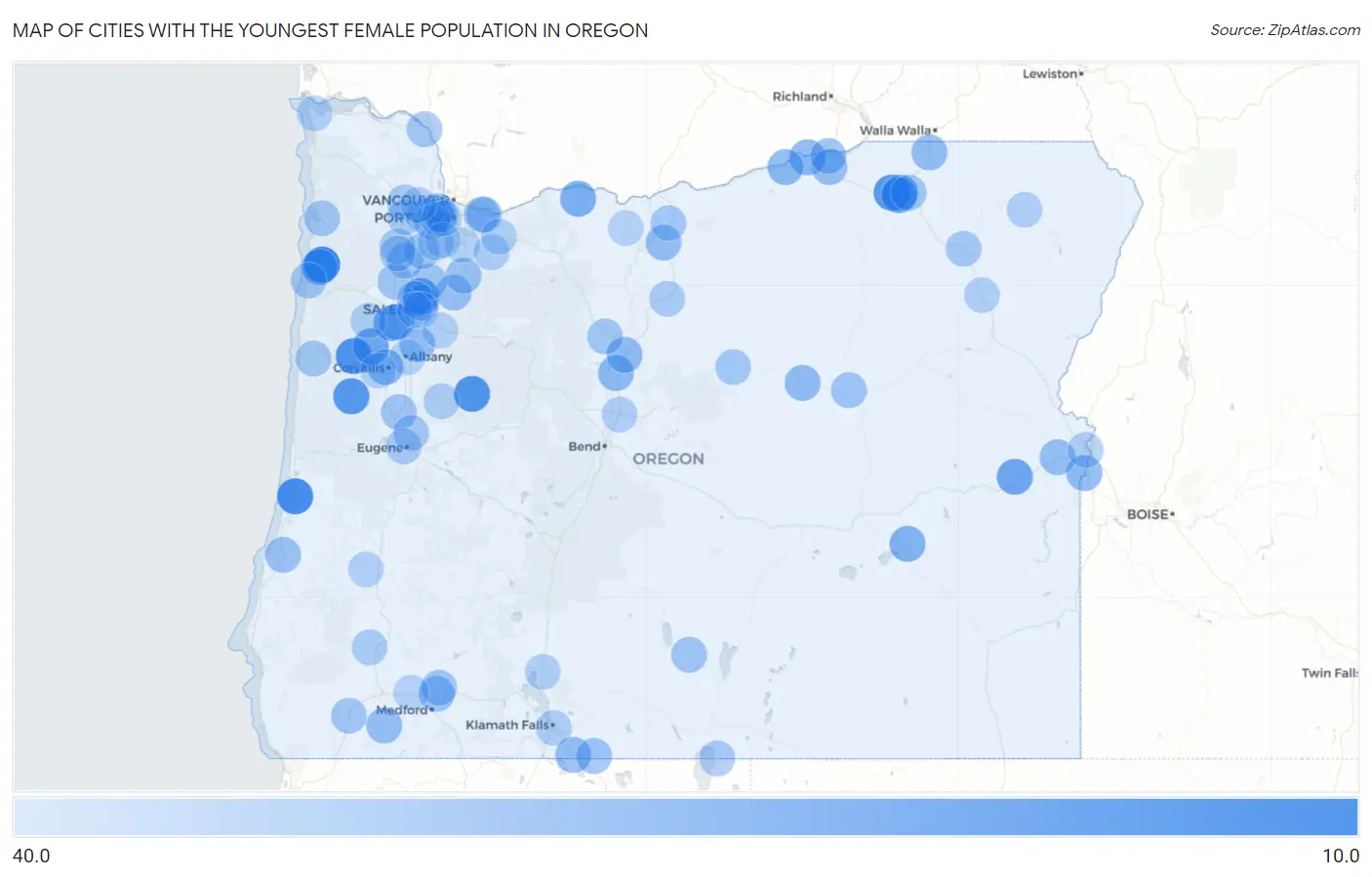 Cities with the Youngest Female Population in Oregon Map