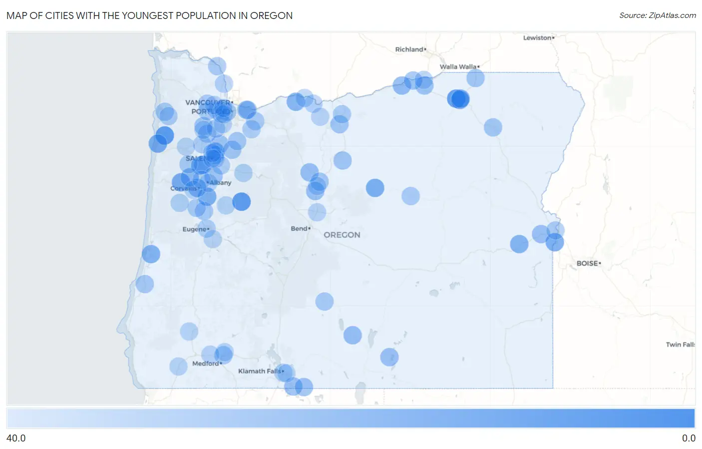 Cities with the Youngest Population in Oregon Map