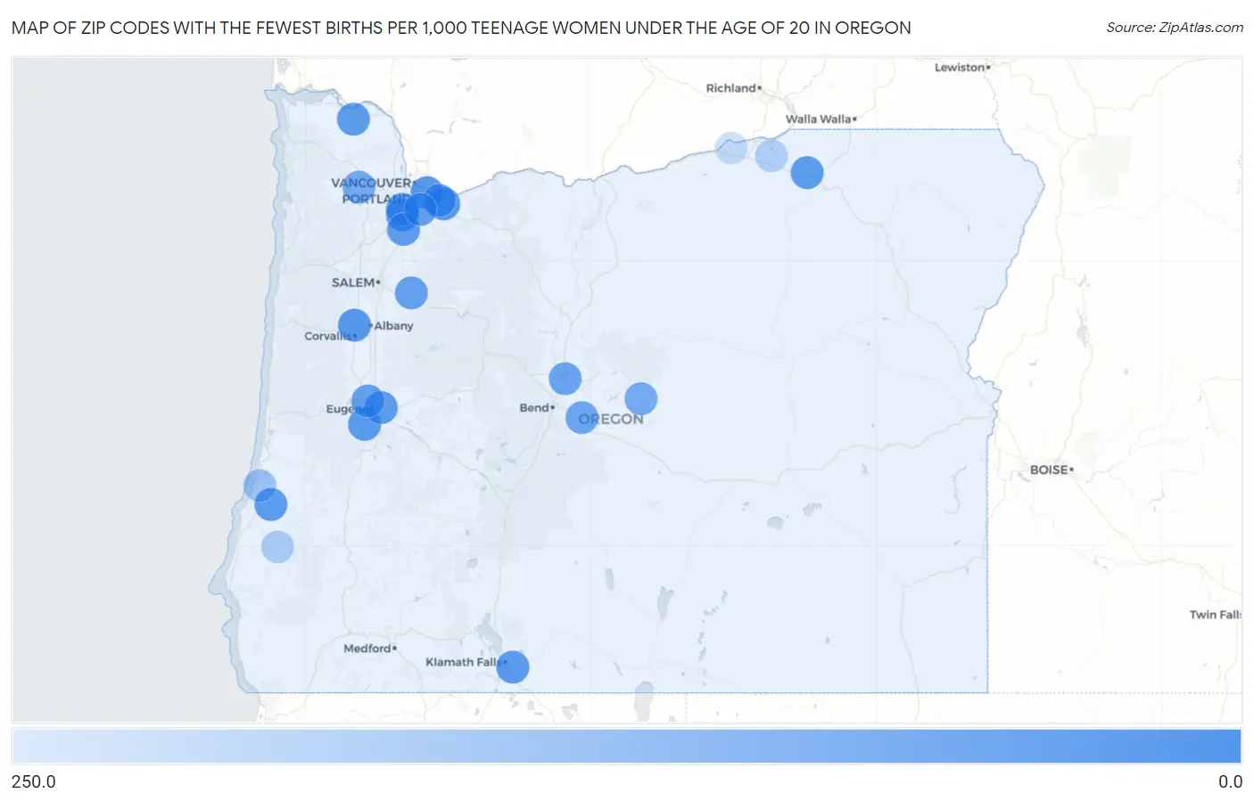 Zip Codes with the Fewest Births per 1,000 Teenage Women Under the Age of 20 in Oregon Map