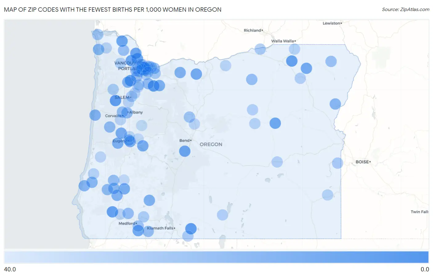 Zip Codes with the Fewest Births per 1,000 Women in Oregon Map