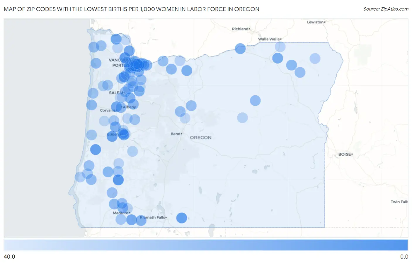 Zip Codes with the Lowest Births per 1,000 Women in Labor Force in Oregon Map