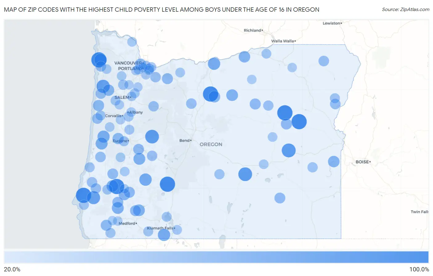 Zip Codes with the Highest Child Poverty Level Among Boys Under the Age of 16 in Oregon Map