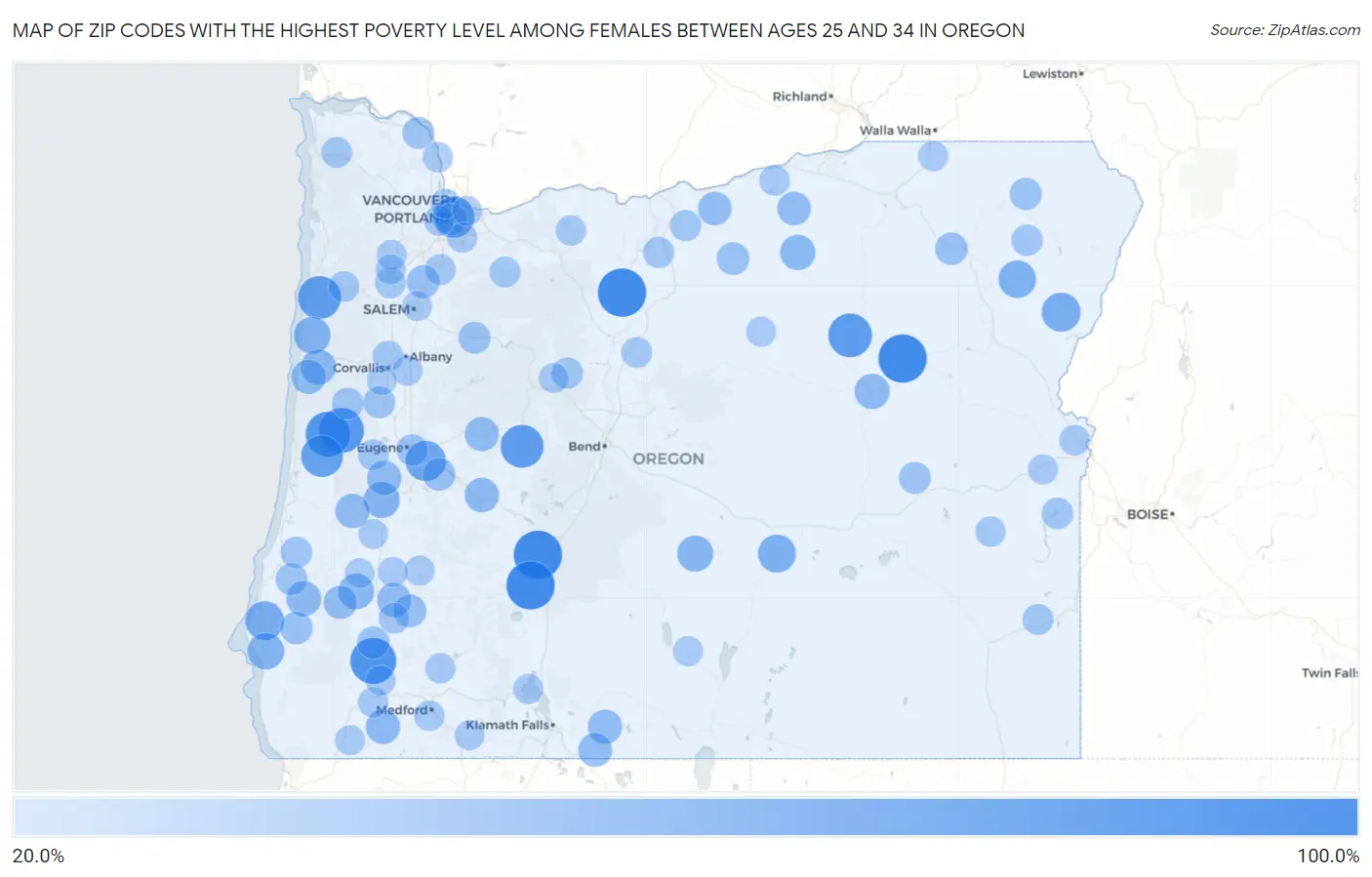 Zip Codes with the Highest Poverty Level Among Females Between Ages 25 and 34 in Oregon Map