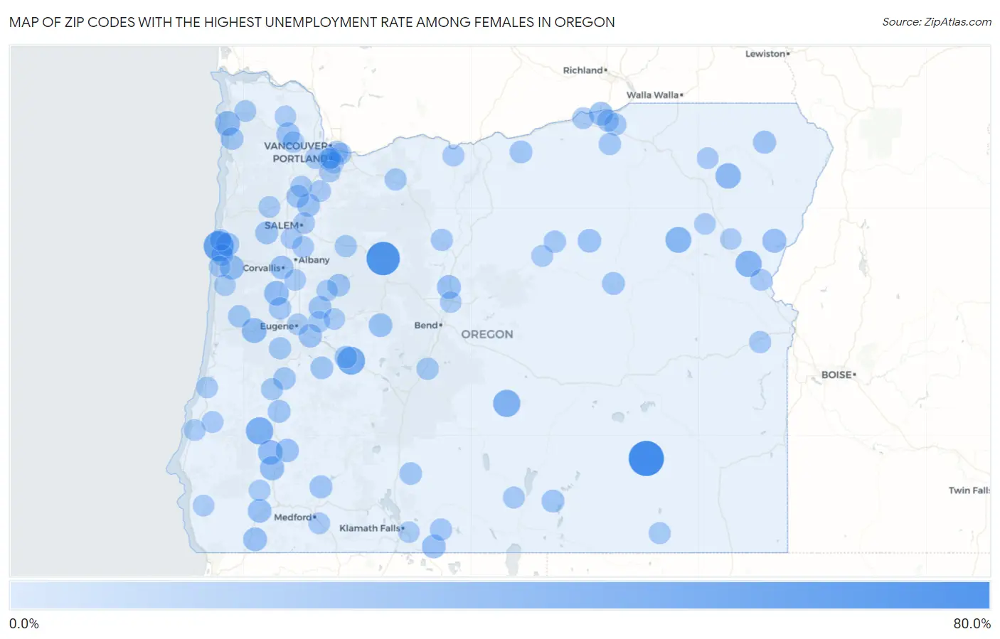 Zip Codes with the Highest Unemployment Rate Among Females in Oregon Map