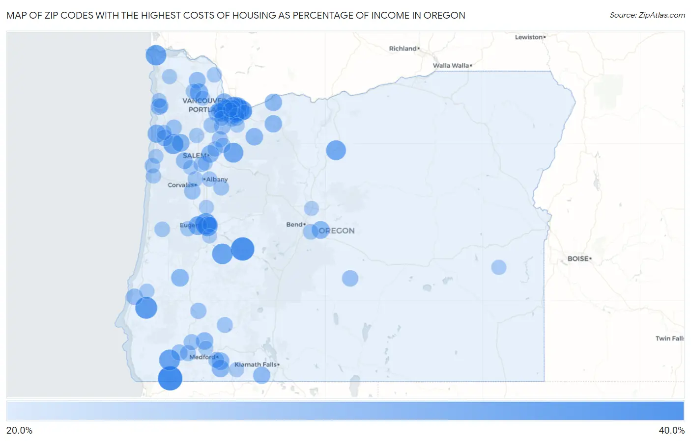 Zip Codes with the Highest Costs of Housing as Percentage of Income in Oregon Map