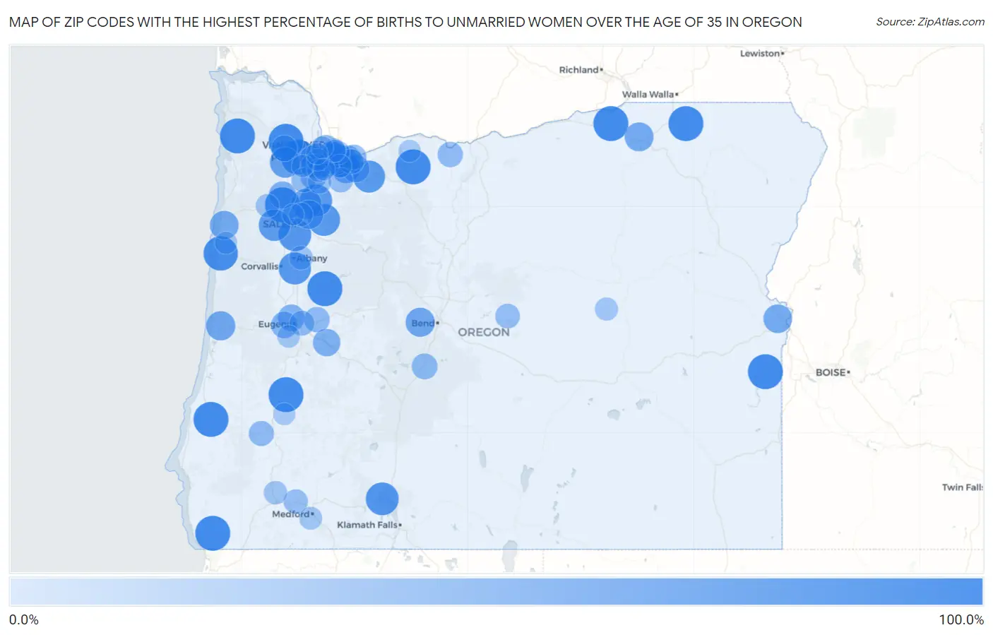 Zip Codes with the Highest Percentage of Births to Unmarried Women over the Age of 35 in Oregon Map