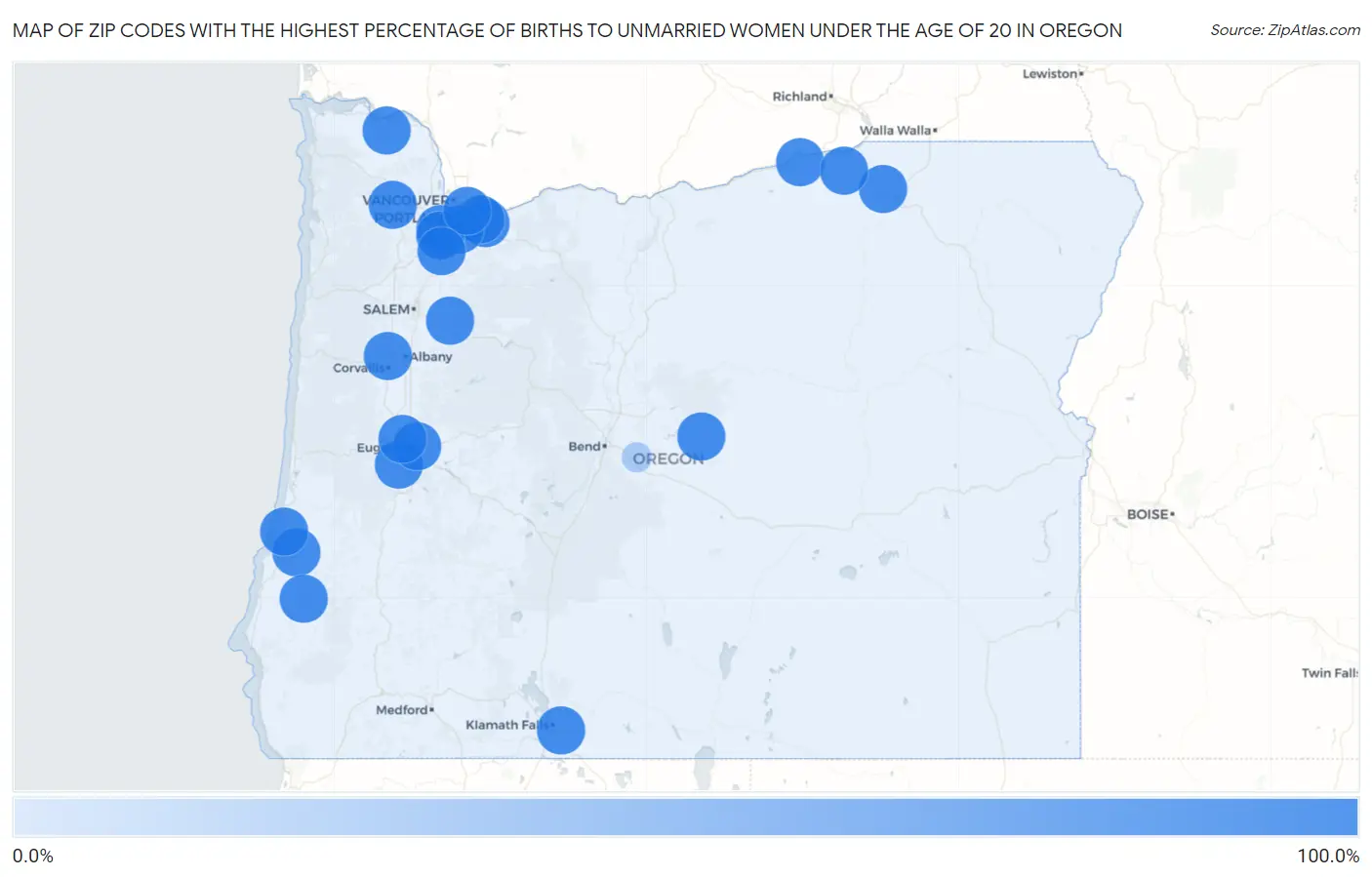 Zip Codes with the Highest Percentage of Births to Unmarried Women under the Age of 20 in Oregon Map