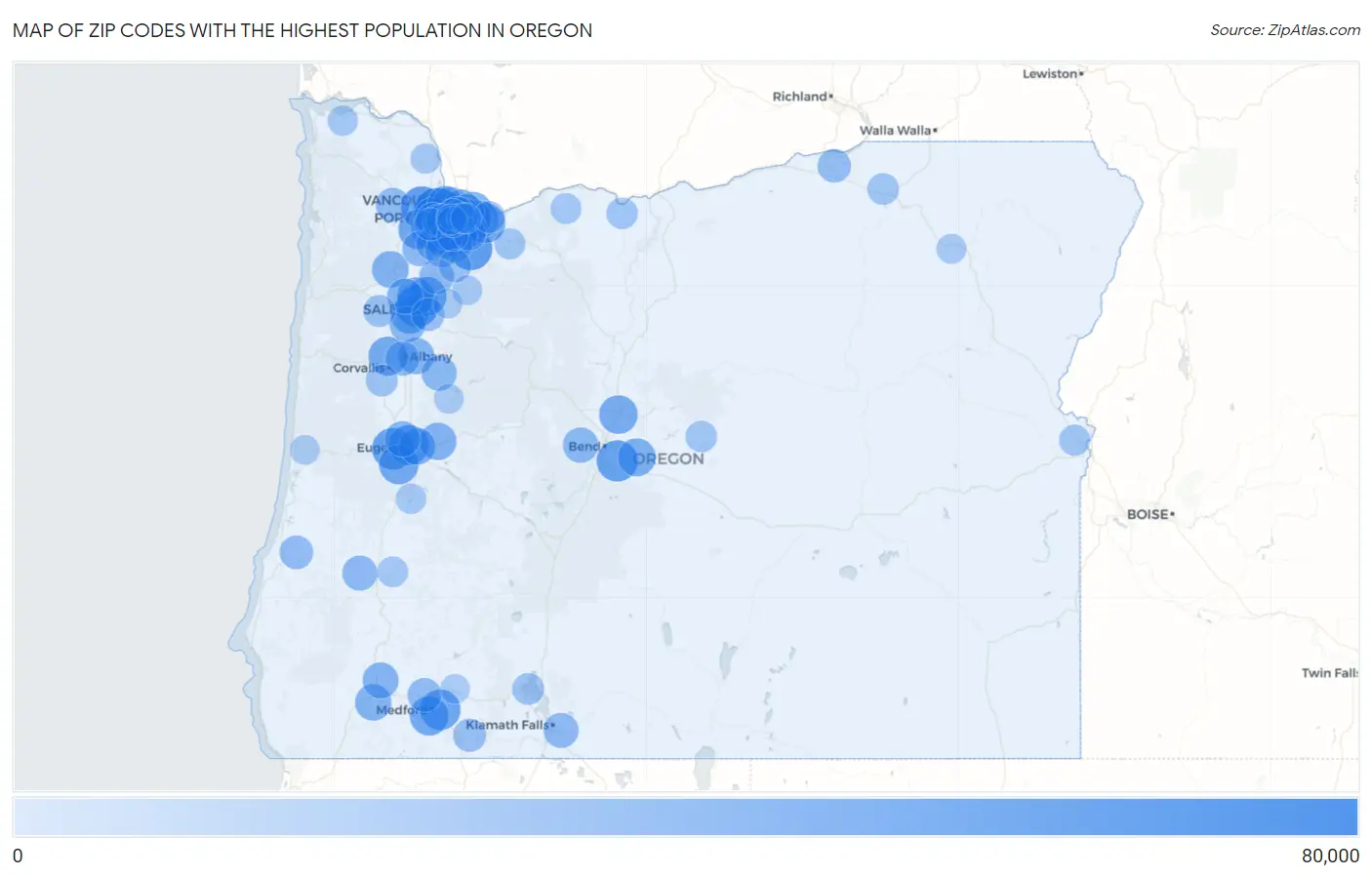 Zip Codes with the Highest Population in Oregon Map
