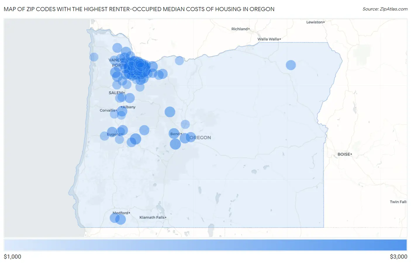 Zip Codes with the Highest Renter-Occupied Median Costs of Housing in Oregon Map
