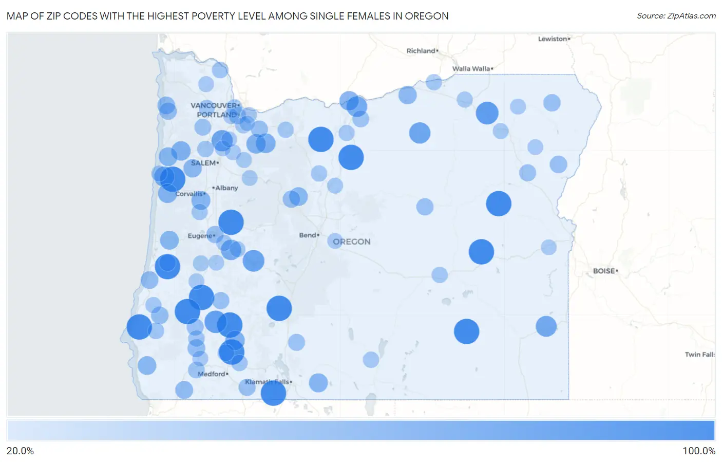 Zip Codes with the Highest Poverty Level Among Single Females in Oregon Map