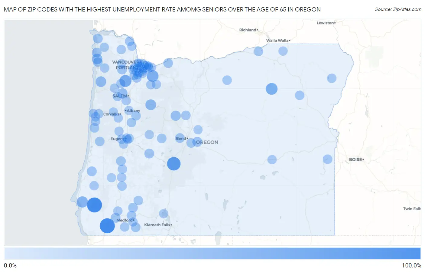 Zip Codes with the Highest Unemployment Rate Amomg Seniors Over the Age of 65 in Oregon Map