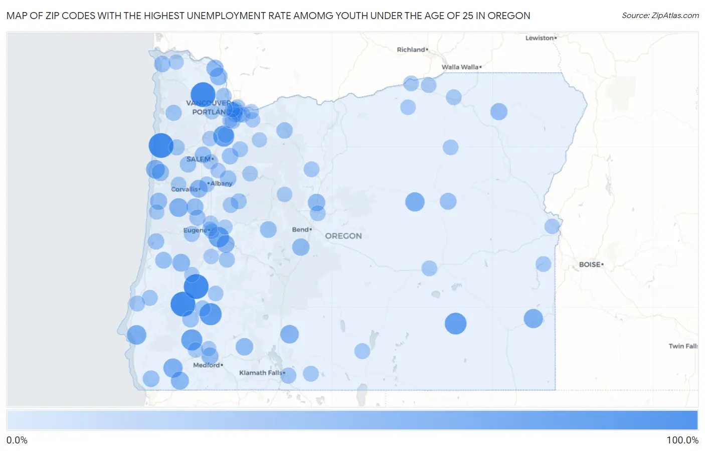 Zip Codes with the Highest Unemployment Rate Amomg Youth Under the Age of 25 in Oregon Map