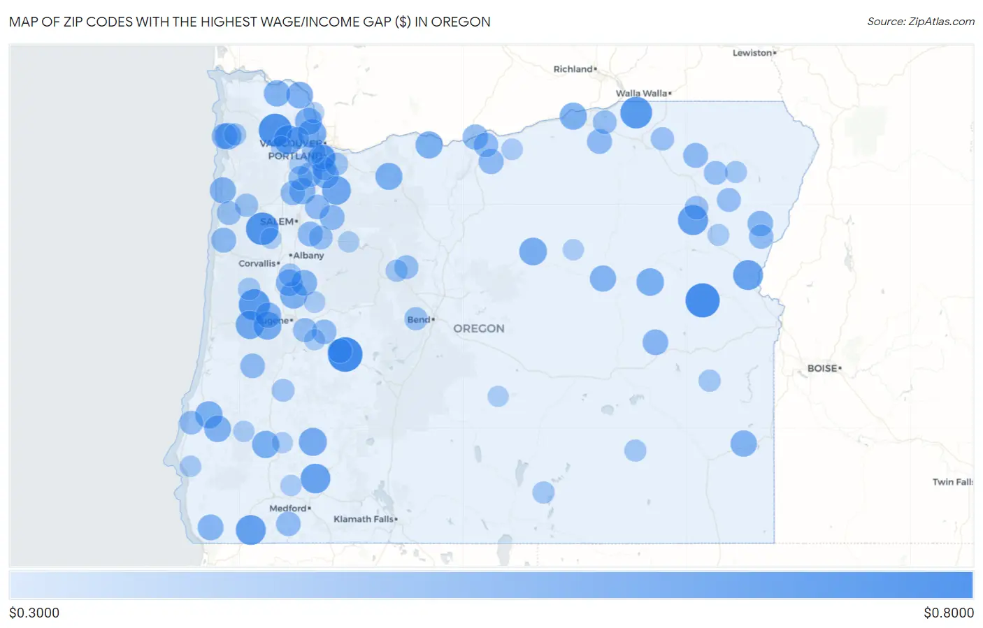 Zip Codes with the Highest Wage/Income Gap ($) in Oregon Map