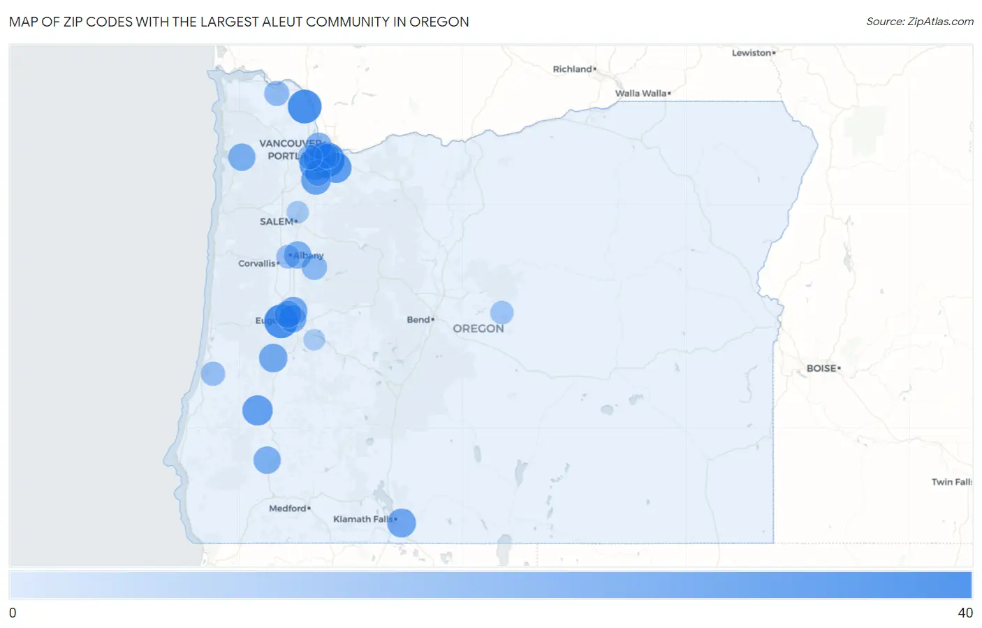 Zip Codes with the Largest Aleut Community in Oregon Map