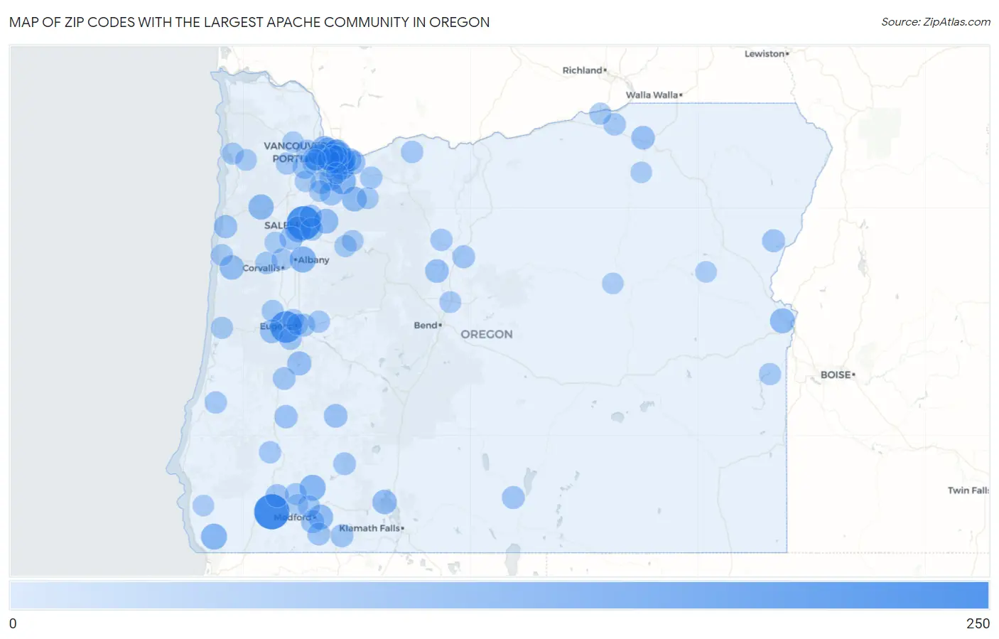 Zip Codes with the Largest Apache Community in Oregon Map