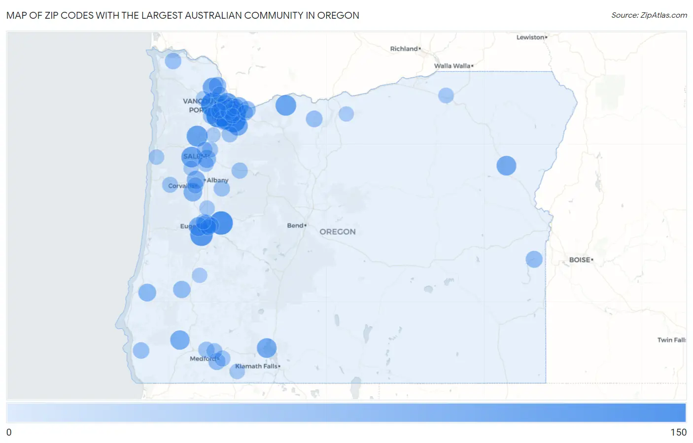 Zip Codes with the Largest Australian Community in Oregon Map