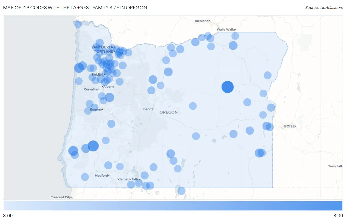 Zip Codes with the Largest Family Size in Oregon Map