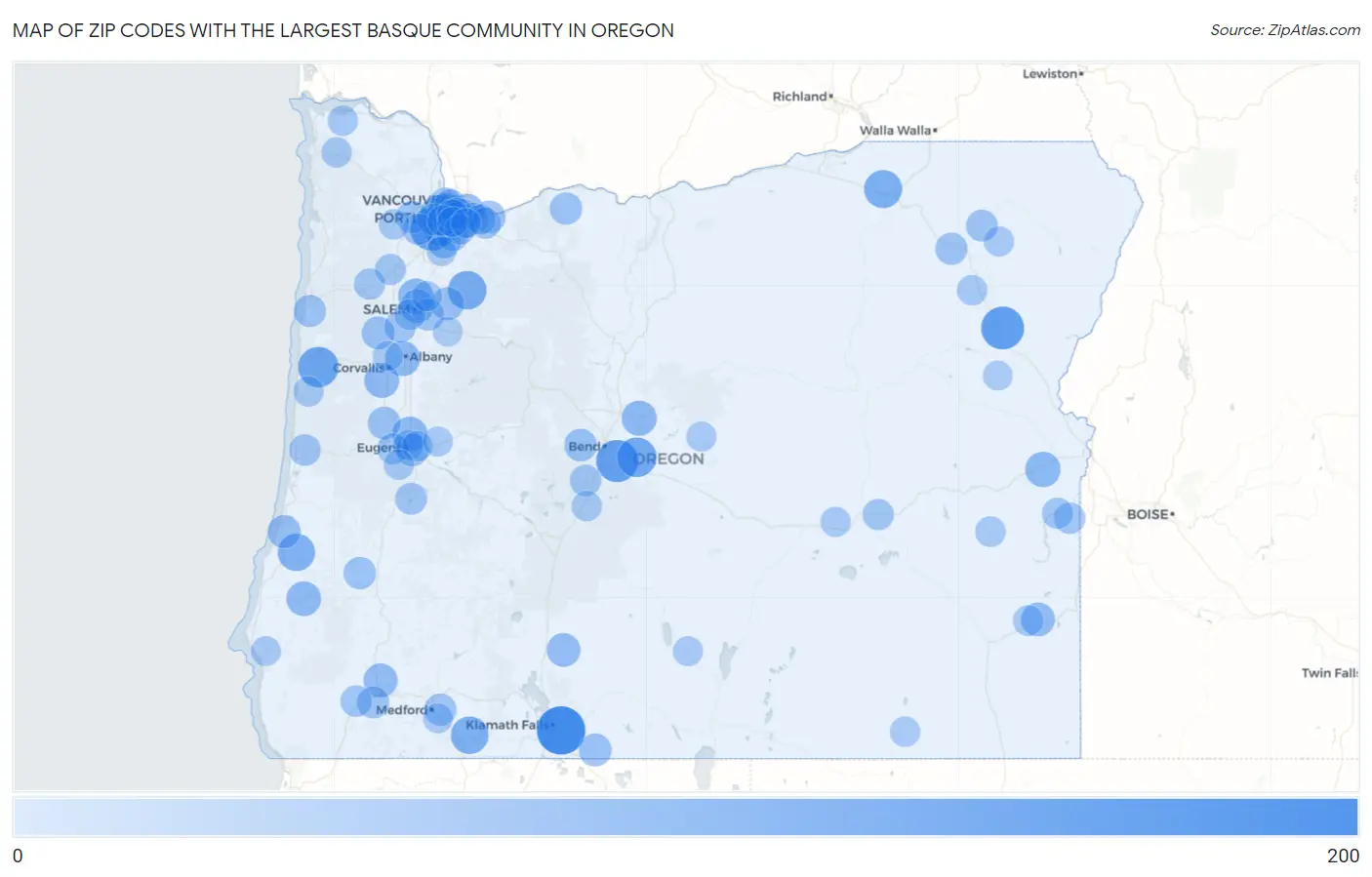 Zip Codes with the Largest Basque Community in Oregon Map