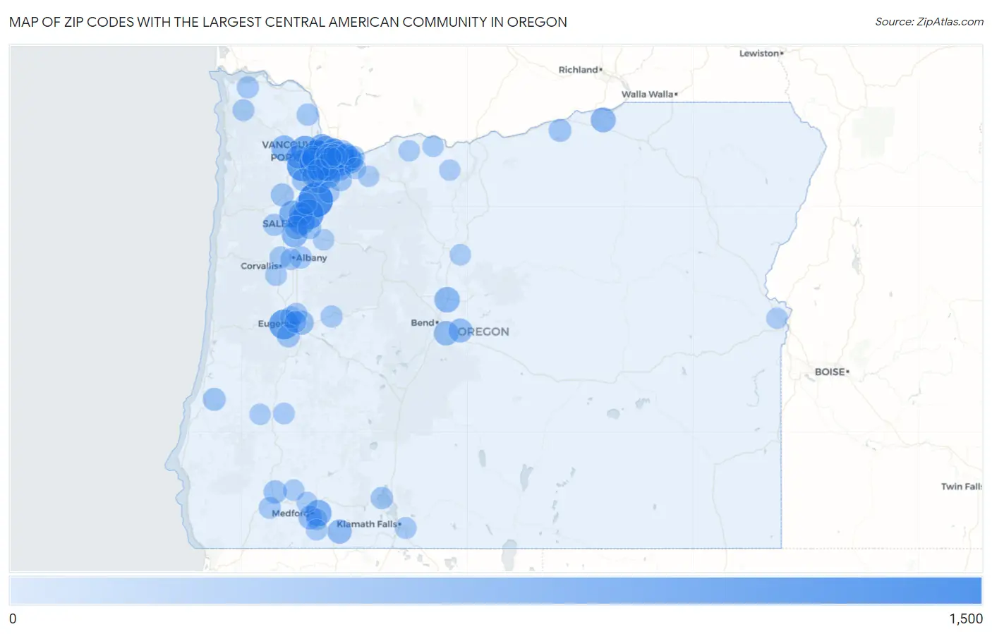 Zip Codes with the Largest Central American Community in Oregon Map