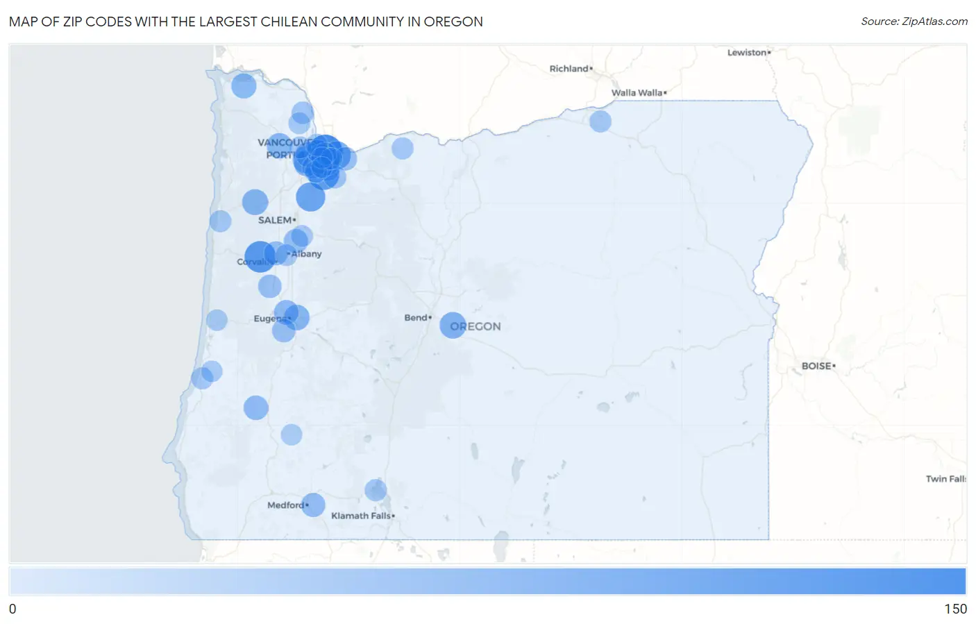 Zip Codes with the Largest Chilean Community in Oregon Map