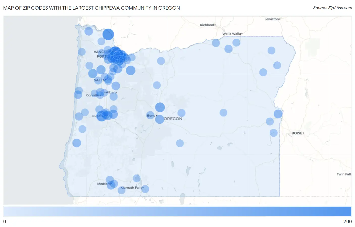 Zip Codes with the Largest Chippewa Community in Oregon Map