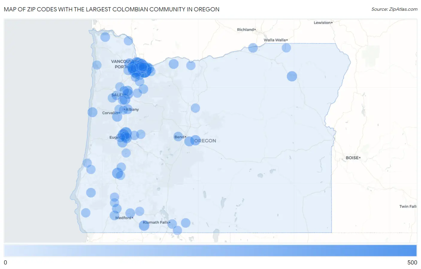 Zip Codes with the Largest Colombian Community in Oregon Map