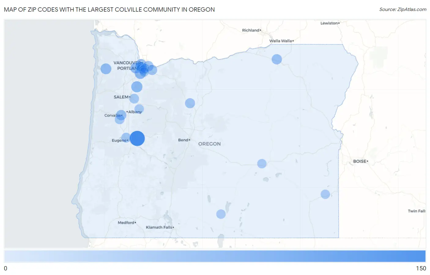 Zip Codes with the Largest Colville Community in Oregon Map