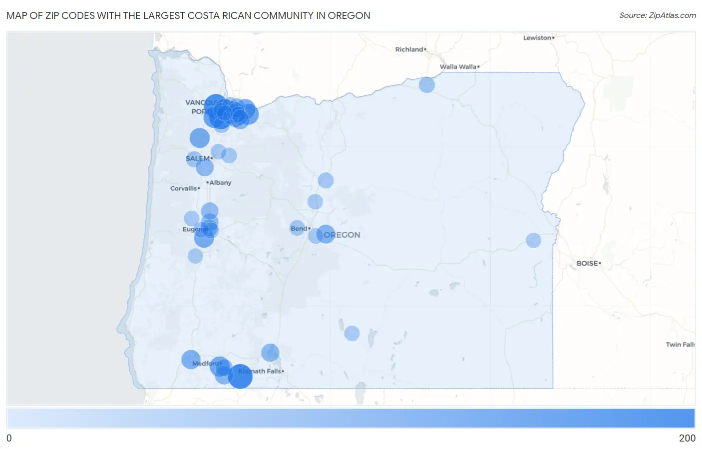 Zip Codes with the Largest Costa Rican Community in Oregon Map