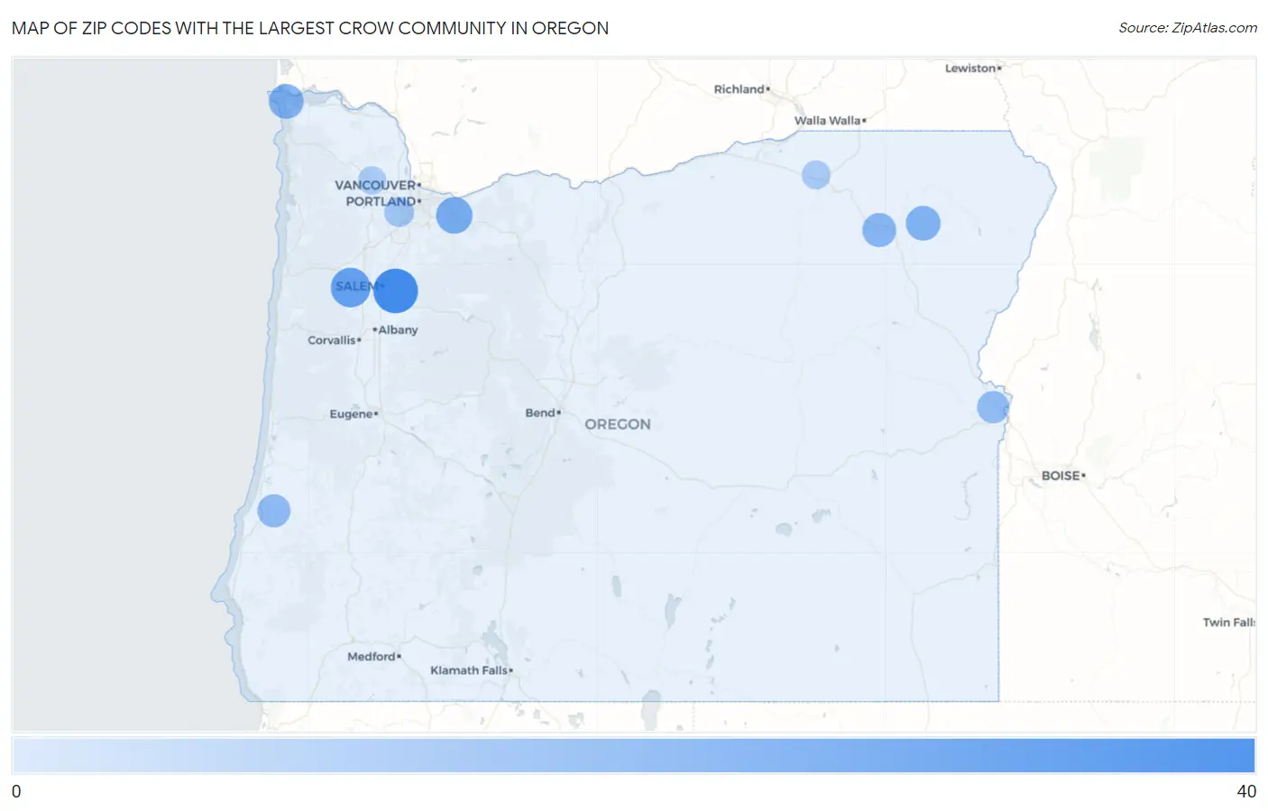 Zip Codes with the Largest Crow Community in Oregon Map