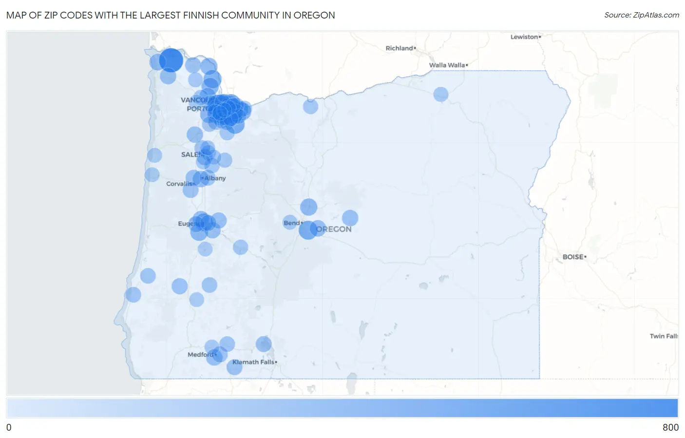 Zip Codes with the Largest Finnish Community in Oregon Map