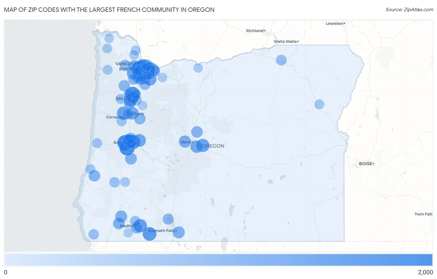 Zip Codes with the Largest French Community in Oregon Map