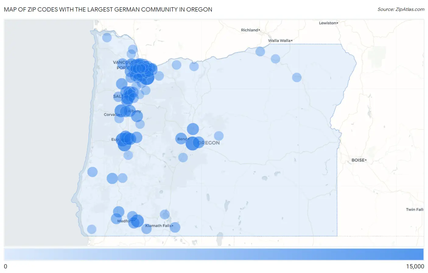 Zip Codes with the Largest German Community in Oregon Map
