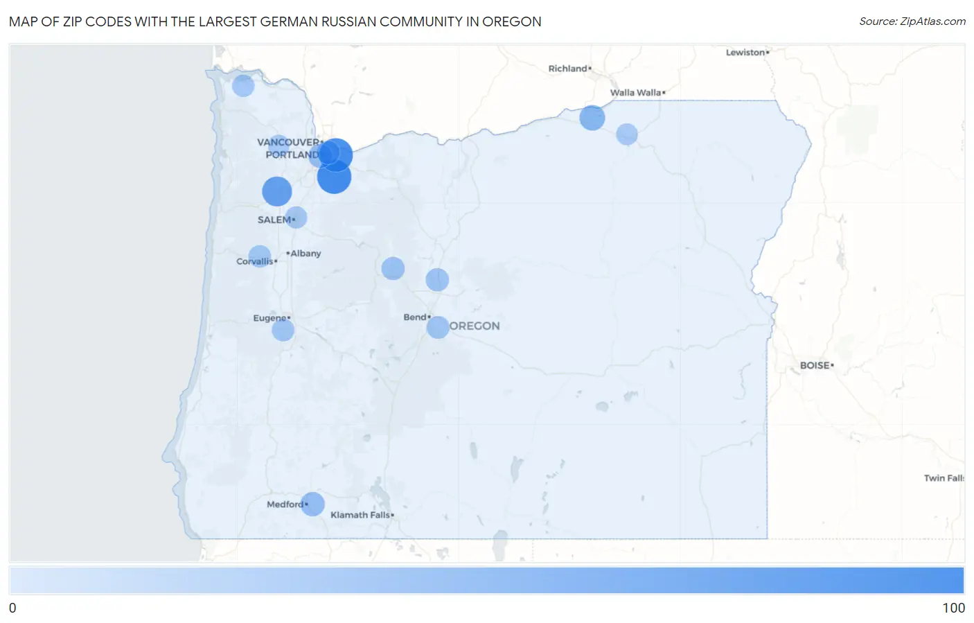 Zip Codes with the Largest German Russian Community in Oregon Map