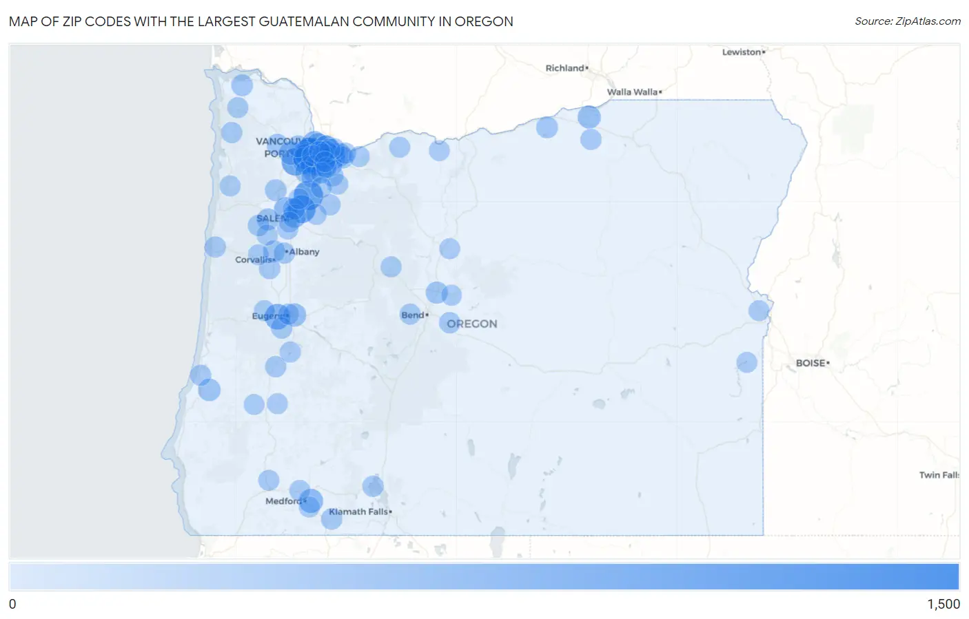 Zip Codes with the Largest Guatemalan Community in Oregon Map
