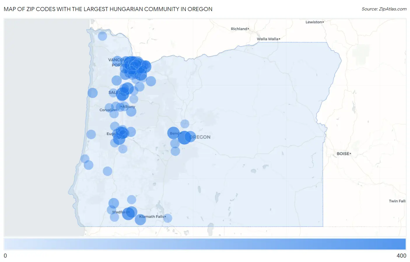 Zip Codes with the Largest Hungarian Community in Oregon Map