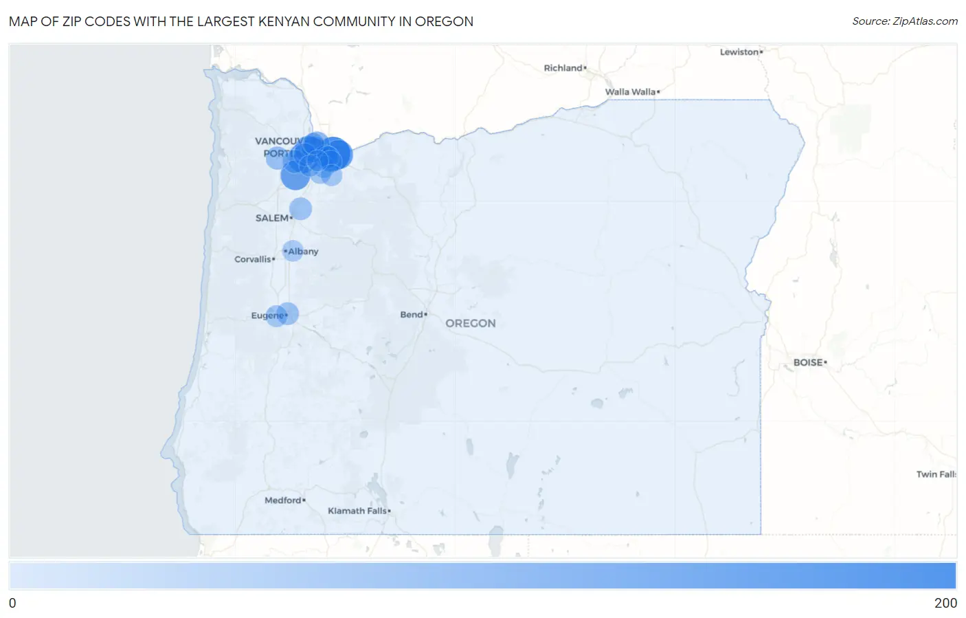 Zip Codes with the Largest Kenyan Community in Oregon Map