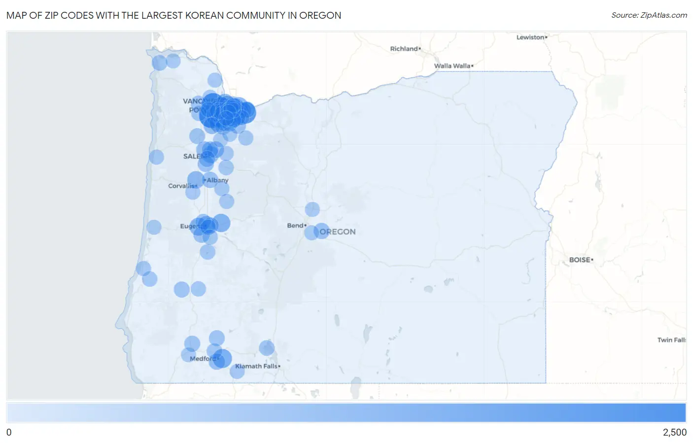Zip Codes with the Largest Korean Community in Oregon Map
