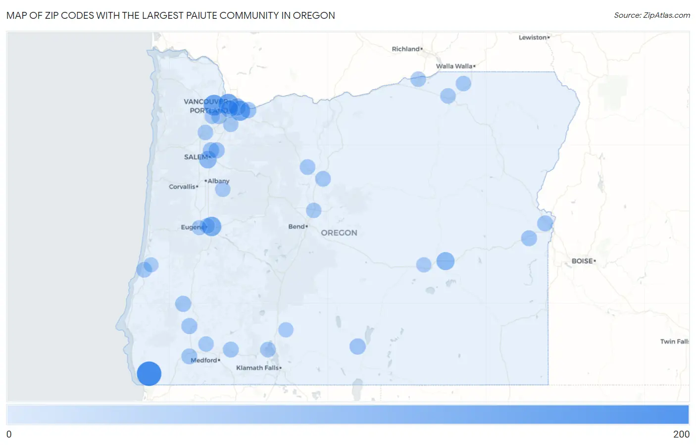 Zip Codes with the Largest Paiute Community in Oregon Map
