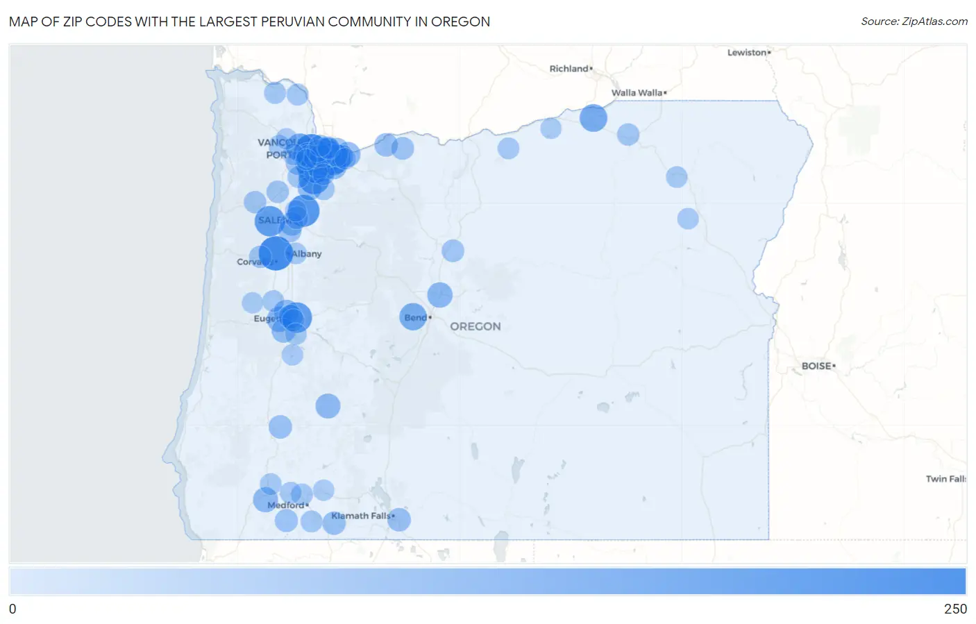 Zip Codes with the Largest Peruvian Community in Oregon Map