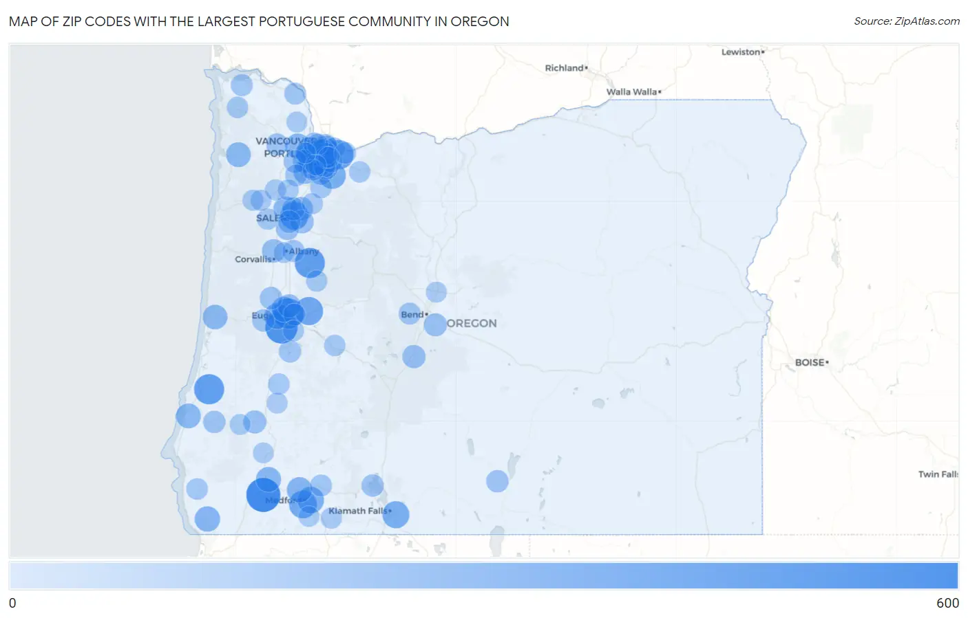 Zip Codes with the Largest Portuguese Community in Oregon Map