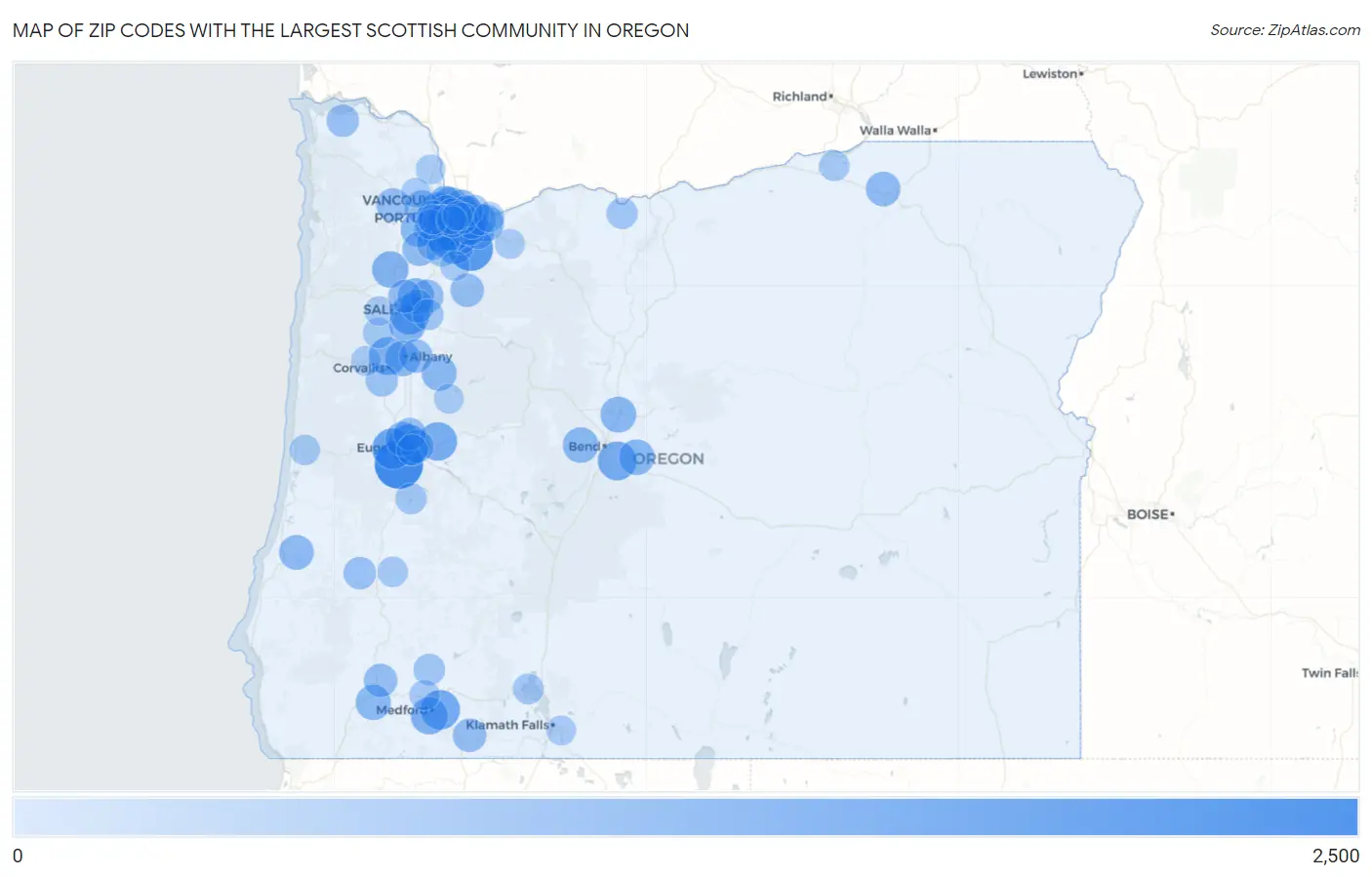 Zip Codes with the Largest Scottish Community in Oregon Map