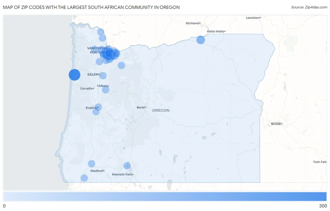 Zip Codes with the Largest South African Community in Oregon Map