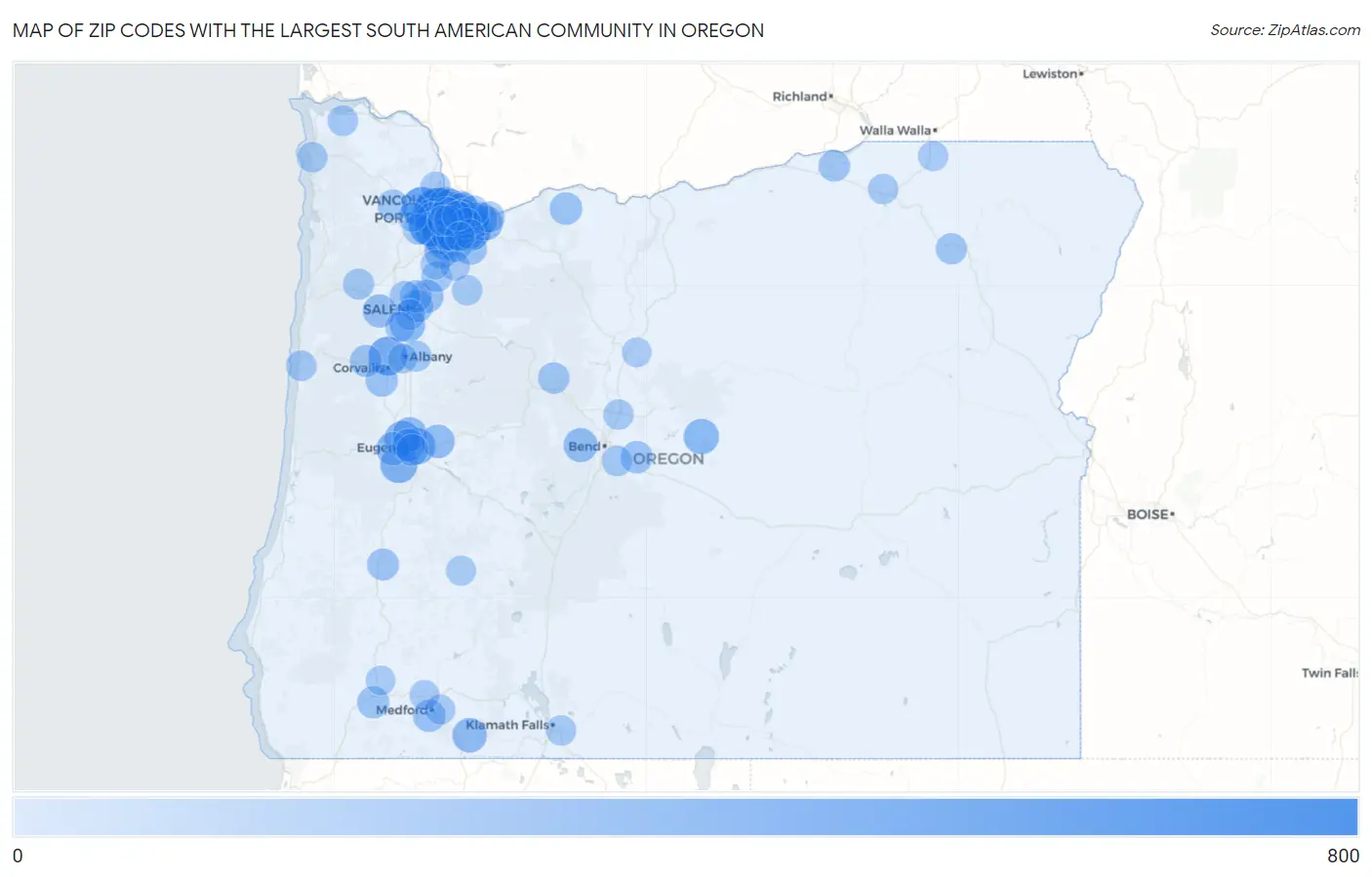Zip Codes with the Largest South American Community in Oregon Map
