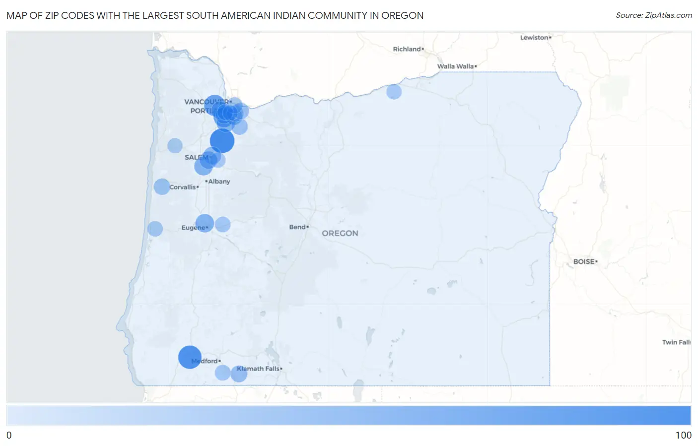 Zip Codes with the Largest South American Indian Community in Oregon Map