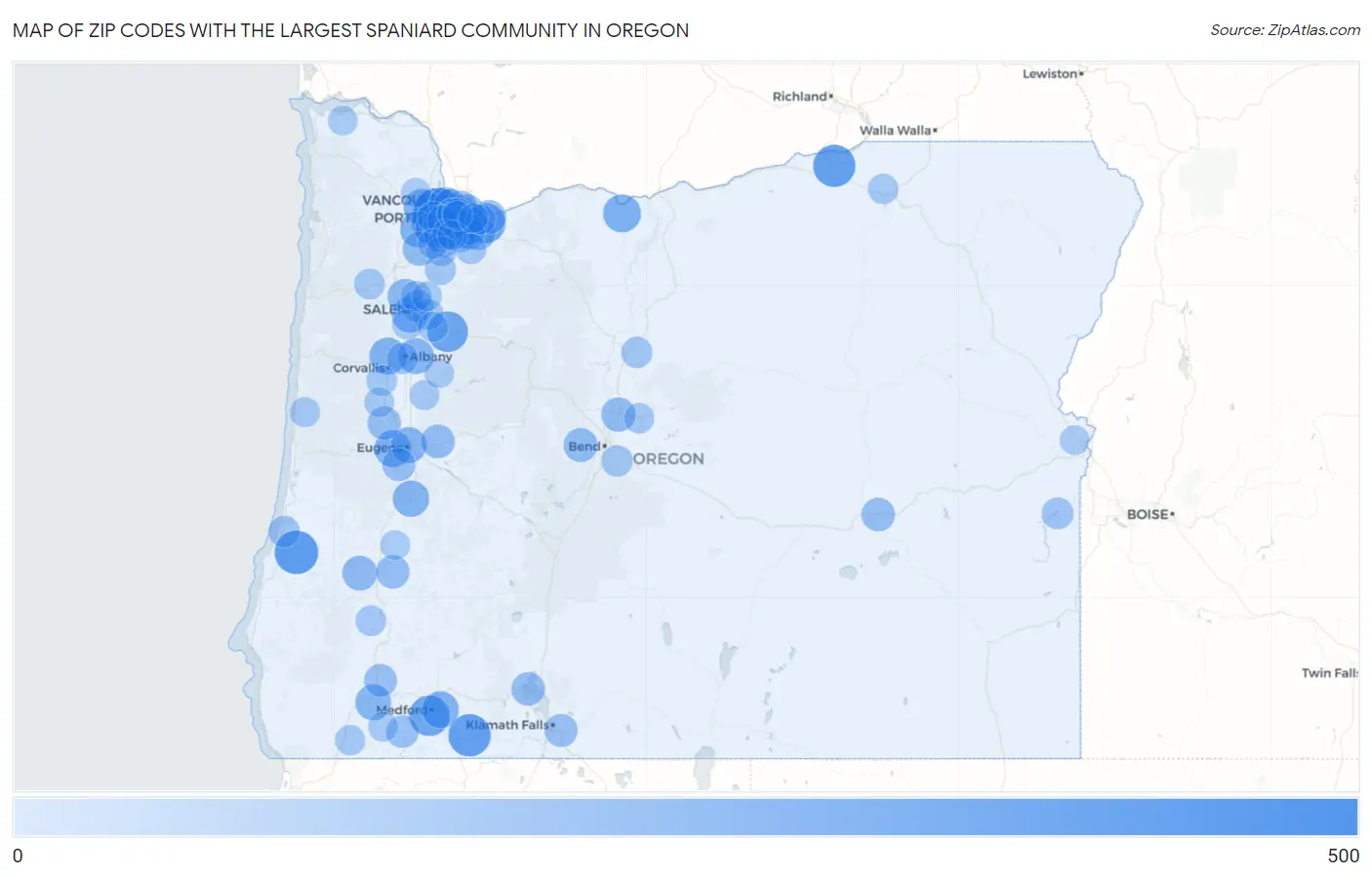 Zip Codes with the Largest Spaniard Community in Oregon Map