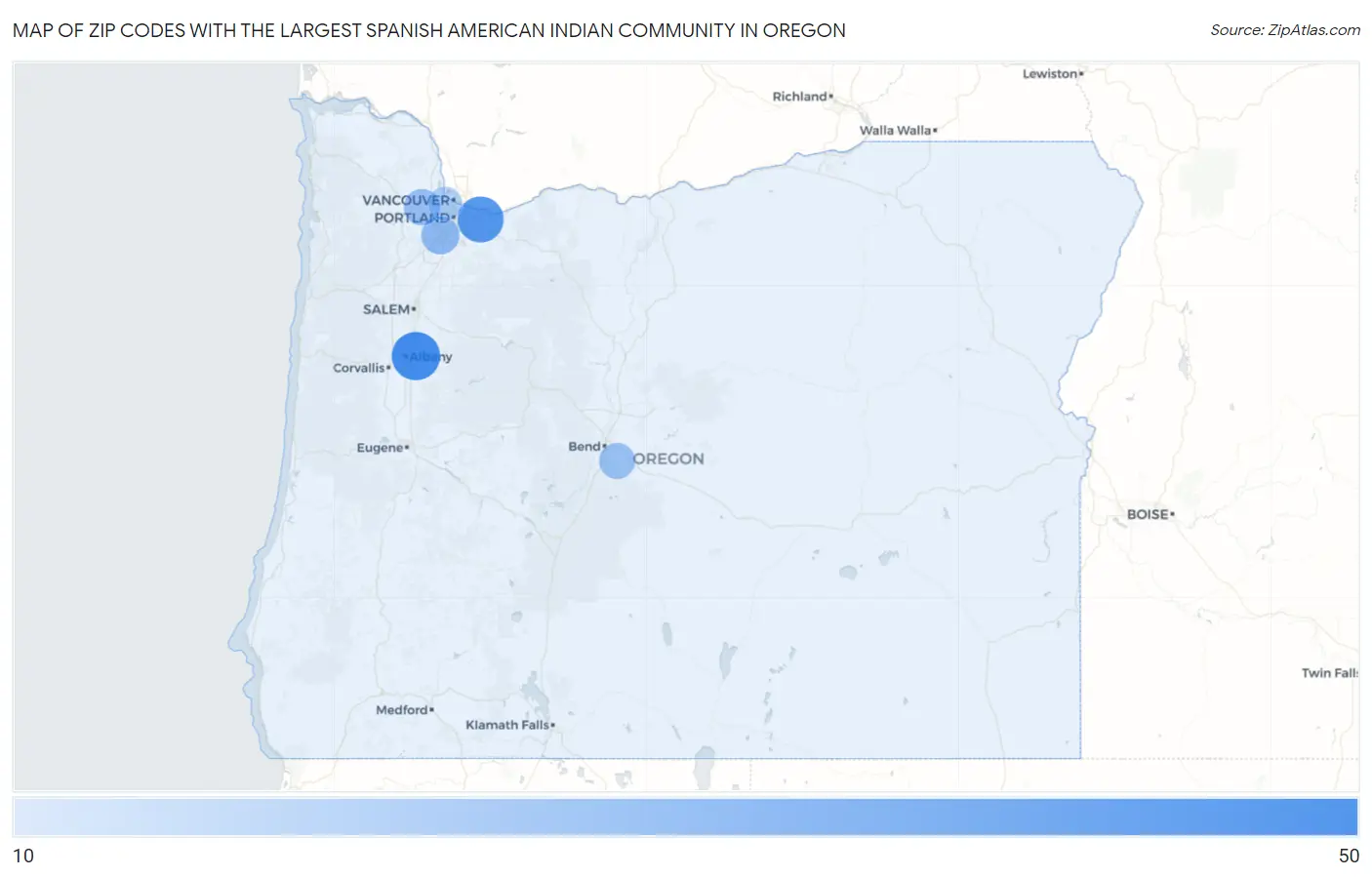 Zip Codes with the Largest Spanish American Indian Community in Oregon Map
