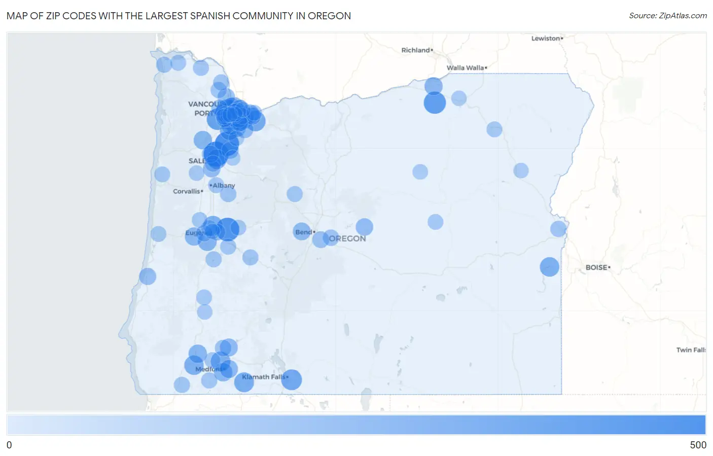 Zip Codes with the Largest Spanish Community in Oregon Map