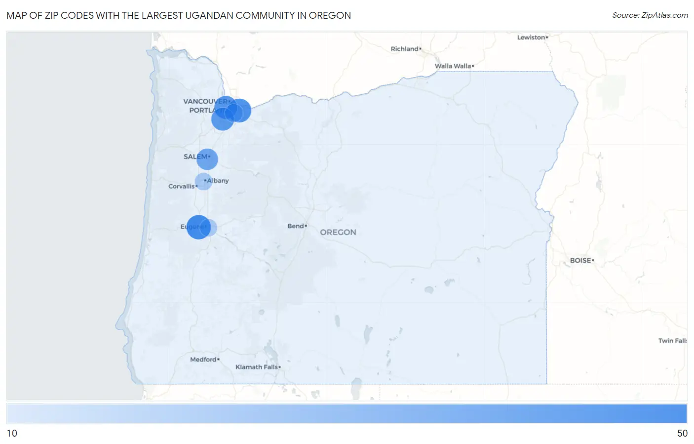 Zip Codes with the Largest Ugandan Community in Oregon Map